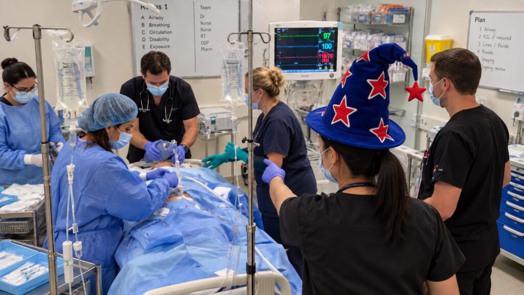 A resuscitation team at work in a resus bay, led by a team leader wearing a blue wizard hat with red stars